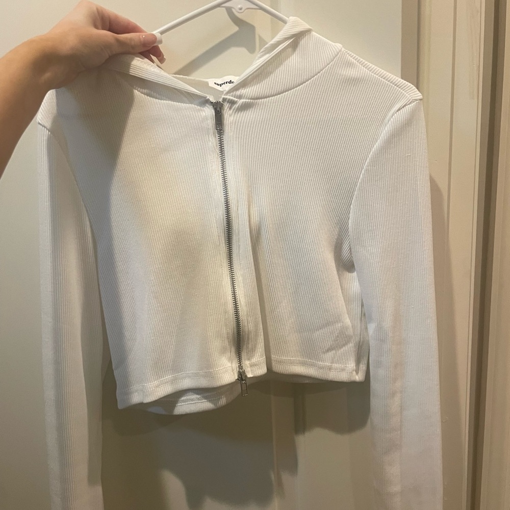 Revolve white zip up cropped jacket